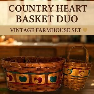 Vintage Country Heart Button Basket Duo – Rustic Wood Handle Wall & Table Set
